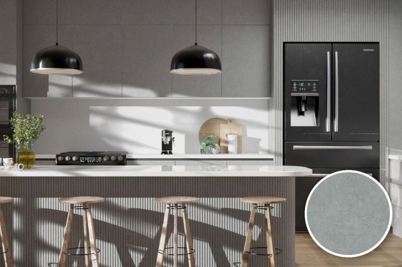 Anwendungsbeispiel mit Coverstyl Möbelfolie Raw Gray – Rohbeton grau, rechts unten die Oberfläche im Detail
