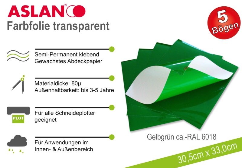 ASLAN Hobby-Plotterfolie Gelbgrün transparent 5er-Set