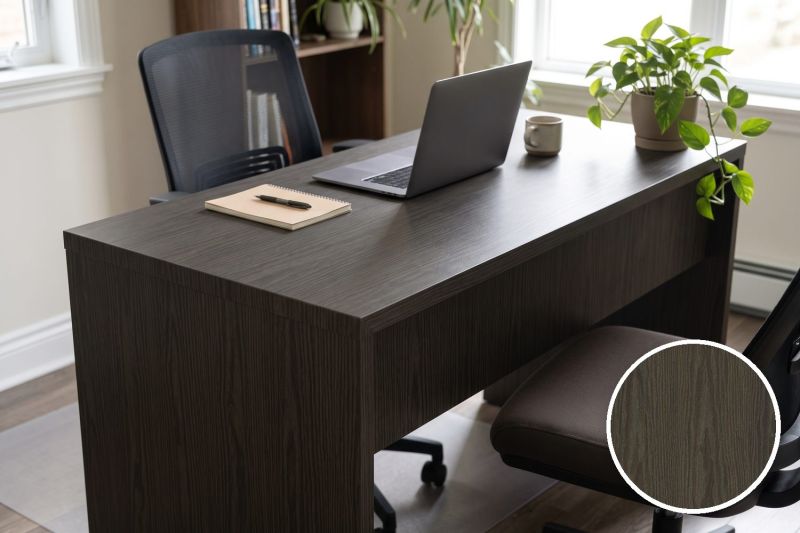 Anwendungsbeispiel mit Coverstyl Möbelfolie Brown ebony – Ebenholz dunkel, rechts unten die Oberfläche im Detail