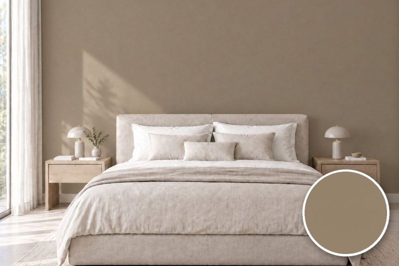Anwendungsbeispiel mit Coverstyl Möbelfolie Mocha – Uni mokkabraun, rechts unten die Oberfläche im Detail