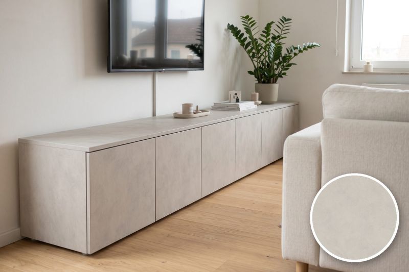 Anwendungsbeispiel mit Coverstyl Möbelfolie Moon Gray – Beton grau, rechts unten die Oberfläche im Detail