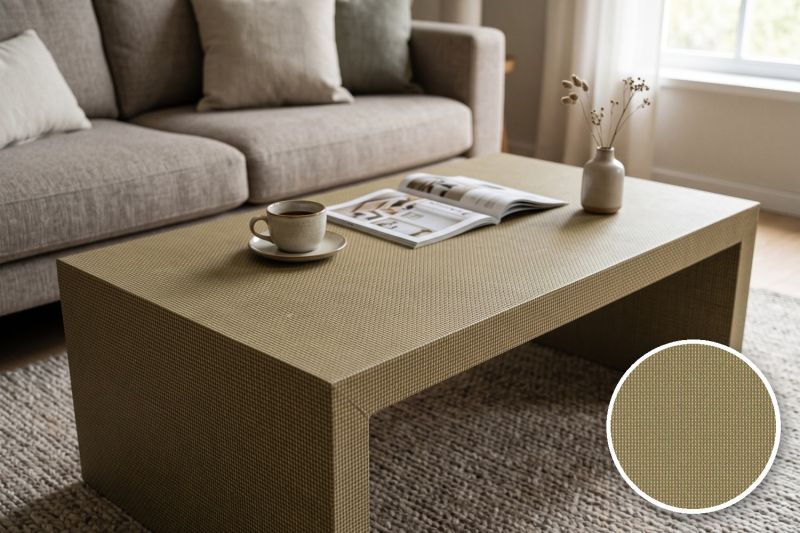 Anwendungsbeispiel mit Coverstyl Möbelfolie Sage Loom – Webstruktur-Bastoptik olivbraun, rechts unten die Oberfläche im Detail