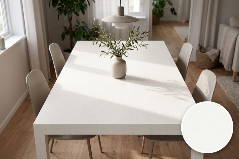 Anwendungsbeispiel mit Coverstyl Möbelfolie Crispy White – Holzoptik reinweiß, rechts unten die Oberfläche im Detail