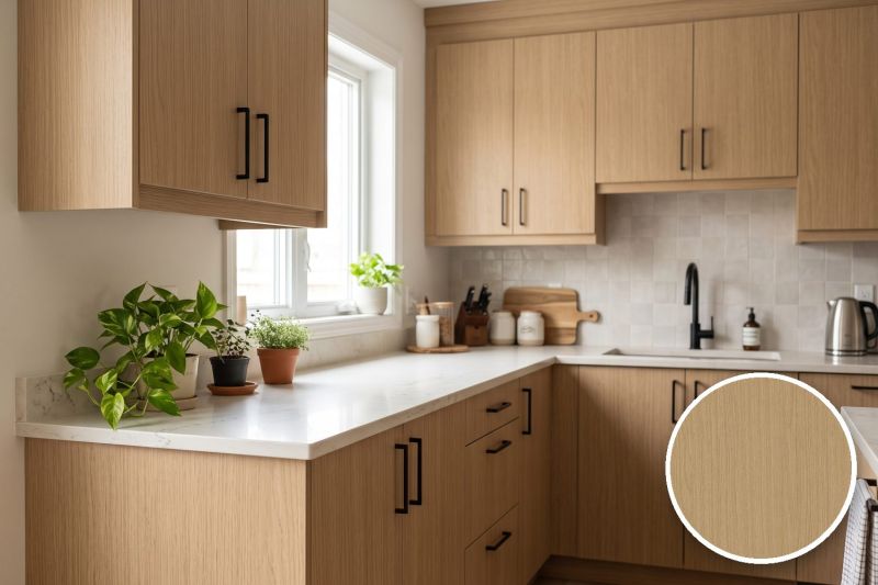 Anwendungsbeispiel mit Coverstyl Möbelfolie Nutmeg Ash – Esche hell, rechts unten die Oberfläche im Detail