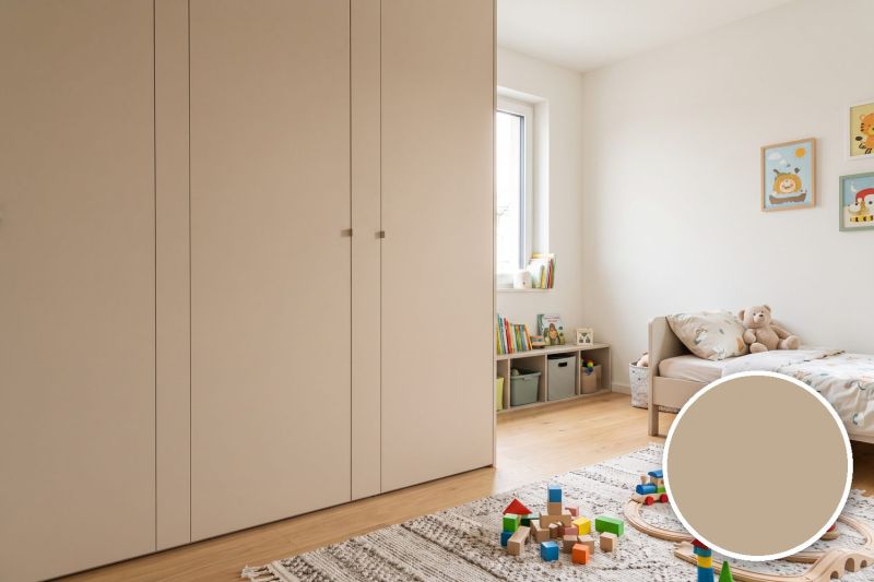Anwendungsbeispiel mit Coverstyl Möbelfolie Caffee Latte – Uni milchkaffeebeige, rechts unten die Oberfläche im Detail