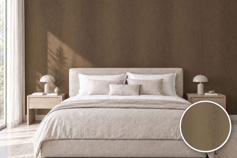 Anwendungsbeispiel mit Coverstyl Möbelfolie Smoked Oak – Eiche dunkel, rechts unten die Oberfläche im Detail