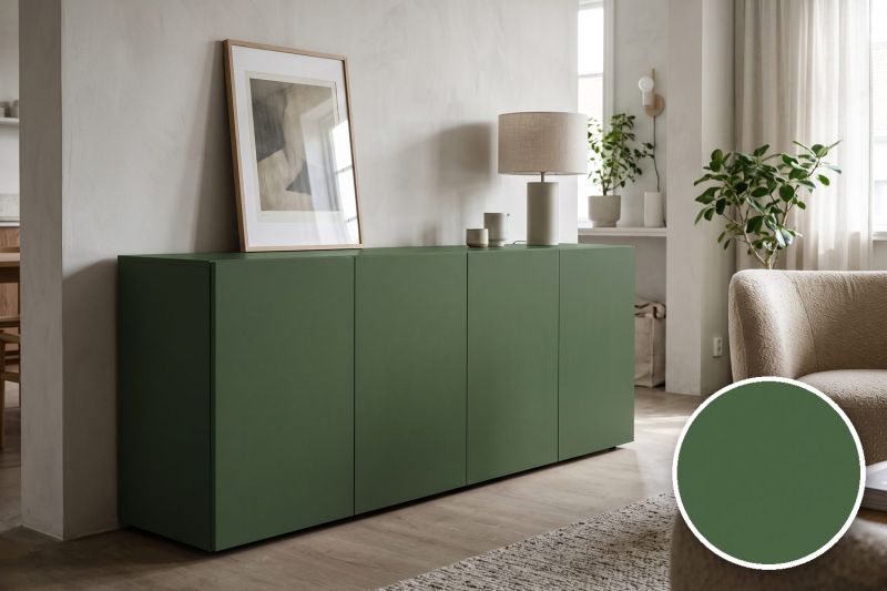 Anwendungsbeispiel mit Coverstyl Möbelfolie Army – Uni farngrün, rechts unten die Oberfläche im Detail