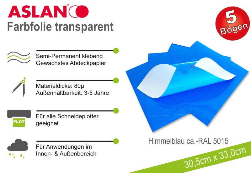 ASLAN Hobby-Plotterfolie Himmelblau transparent 5er-Set