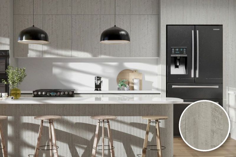 Anwendungsbeispiel mit Coverstyl Möbelfolie Barn Oak – Eiche mittel, rechts unten die Oberfläche im Detail