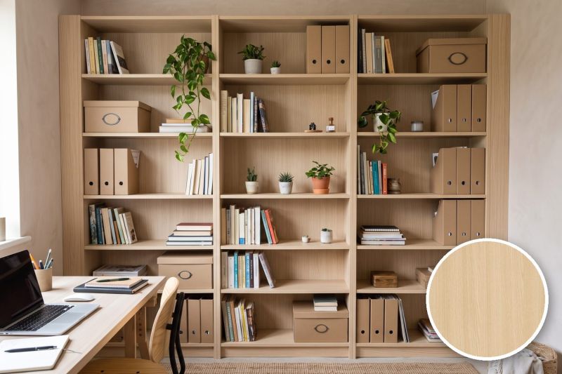 Anwendungsbeispiel mit Coverstyl Möbelfolie Pampas Oak – Eiche hell, rechts unten die Oberfläche im Detail