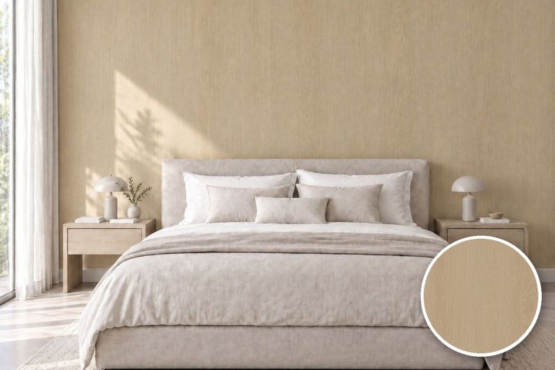 Anwendungsbeispiel mit Coverstyl Möbelfolie Sahara Oak – Eiche hell, rechts unten die Oberfläche im Detail