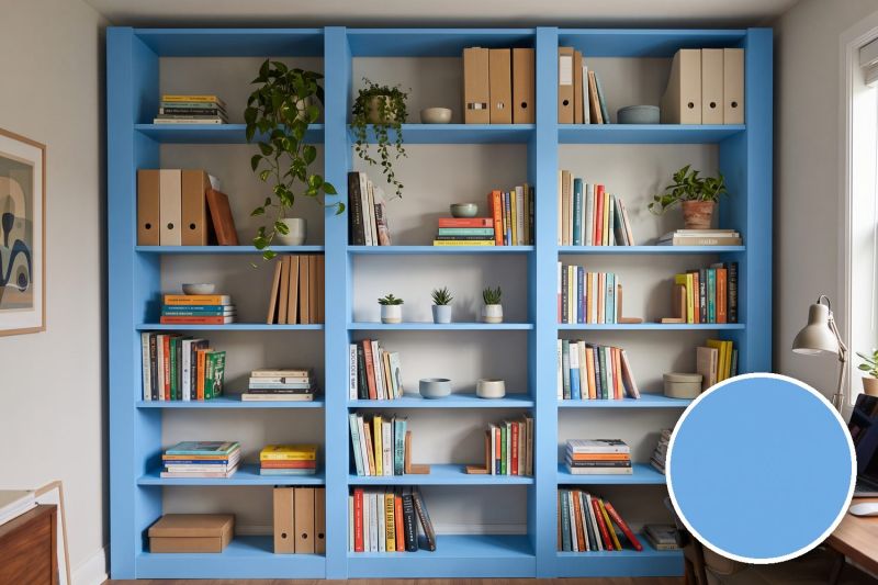 Anwendungsbeispiel mit Coverstyl Möbelfolie Azure – Uni pastellblau, rechts unten die Oberfläche im Detail
