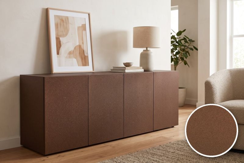 Anwendungsbeispiel mit Coverstyl Möbelfolie Bronze Disco – Glitzer Bronze, rechts unten die Oberfläche im Detail