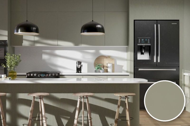 Anwendungsbeispiel mit Coverstyl Möbelfolie PVC Free - Khaki – Uni khakigrau, rechts unten die Oberfläche im Detail