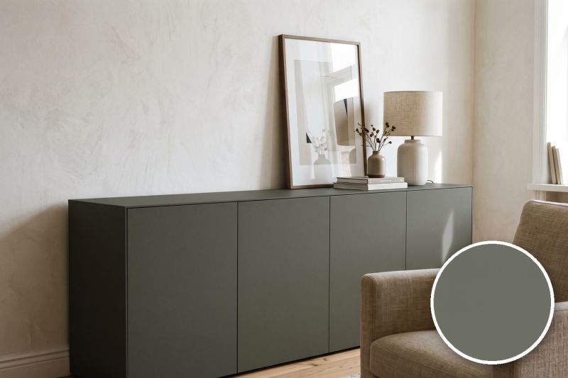 Anwendungsbeispiel mit Coverstyl Möbelfolie Truffle – Uni betongrau seidenmatt, rechts unten die Oberfläche im Detail