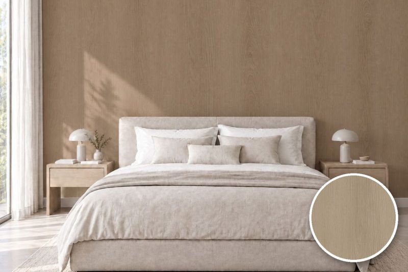 Anwendungsbeispiel mit Coverstyl Möbelfolie Gravel Oak – Eiche mittel, rechts unten die Oberfläche im Detail