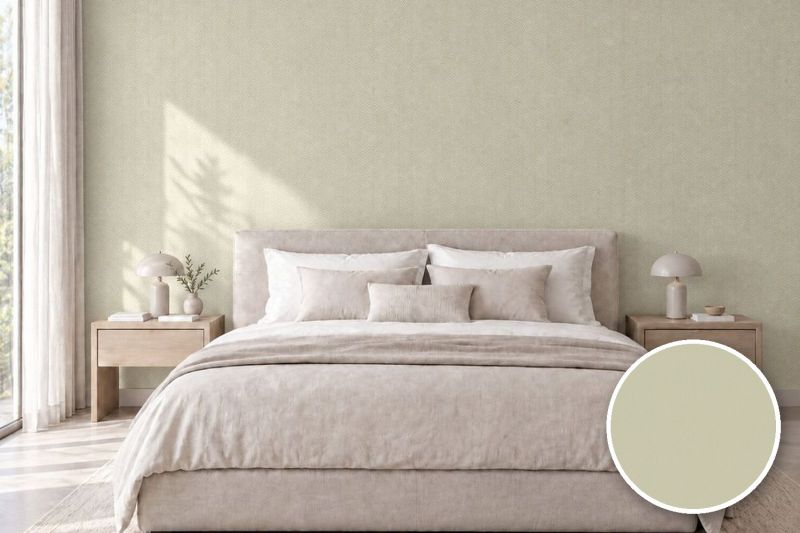 Anwendungsbeispiel mit Coverstyl Möbelfolie Herringbone Beige – Fischgrät-Optik beige, rechts unten die Oberfläche im Detail
