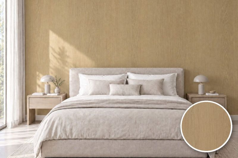 Anwendungsbeispiel mit Coverstyl Möbelfolie Taupe Oak – Eiche mittel, rechts unten die Oberfläche im Detail