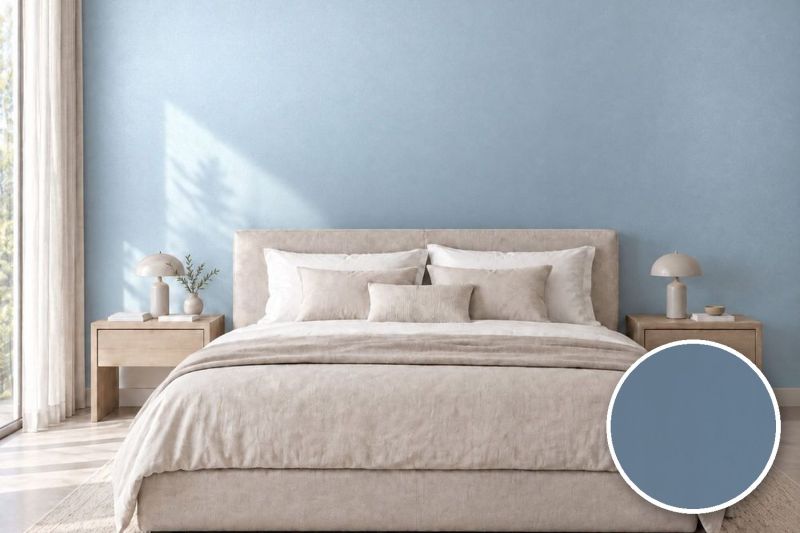 Anwendungsbeispiel mit Coverstyl Möbelfolie Suede Sky – Wildleder-Metalloptik Himmelblau, rechts unten die Oberfläche im Detail
