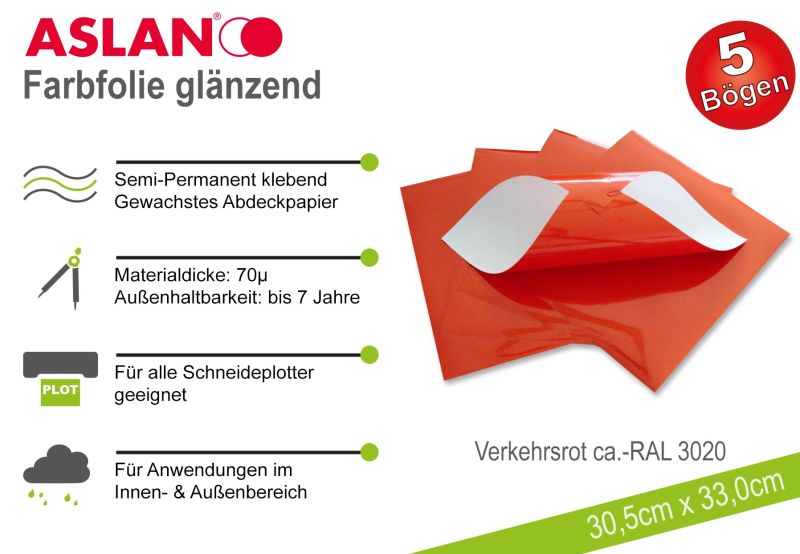 ASLAN Hobby-Plotterfolie Verkehrsrot glänzend 5er-Set