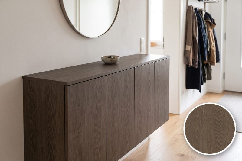 Anwendungsbeispiel mit Coverstyl Möbelfolie Bronzite Oak – Eiche dunkel, rechts unten die Oberfläche im Detail