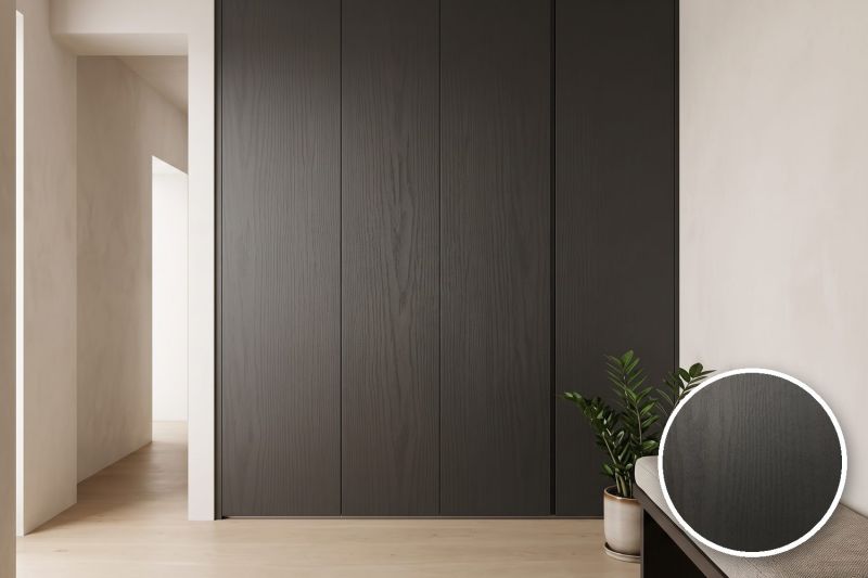 Anwendungsbeispiel mit Coverstyl Möbelfolie Ink – Holzoptik schwarzgrau, rechts unten die Oberfläche im Detail