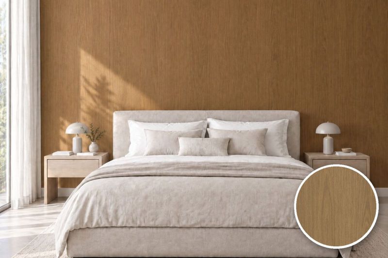 Anwendungsbeispiel mit Coverstyl Möbelfolie Taupe Walnut – Nussbaum dunkel, rechts unten die Oberfläche im Detail