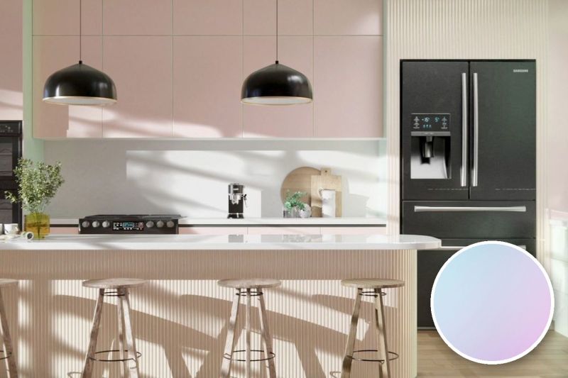 Anwendungsbeispiel mit Coverstyl Möbelfolie Aurora – schillernde Metalloptik, rechts unten die Oberfläche im Detail