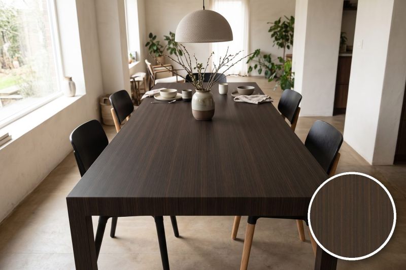 Anwendungsbeispiel mit Coverstyl Möbelfolie Flame Birch – Birke dunkel, rechts unten die Oberfläche im Detail