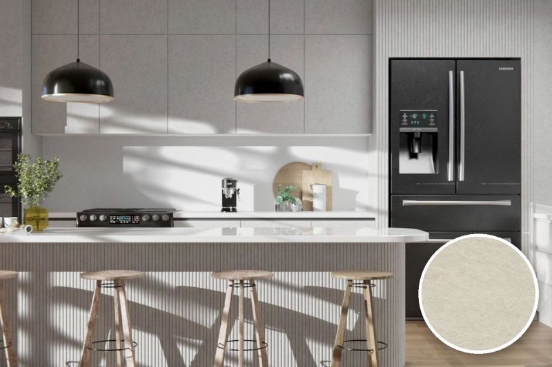 Anwendungsbeispiel mit Coverstyl Möbelfolie Granite Beige – Granit beige, rechts unten die Oberfläche im Detail
