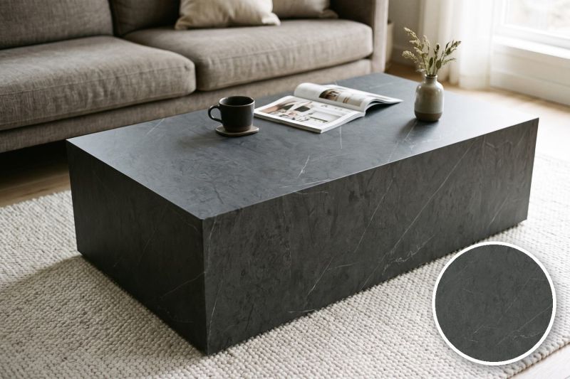 Anwendungsbeispiel mit Coverstyl Möbelfolie Armani Gris – Marmor grau, rechts unten die Oberfläche im Detail