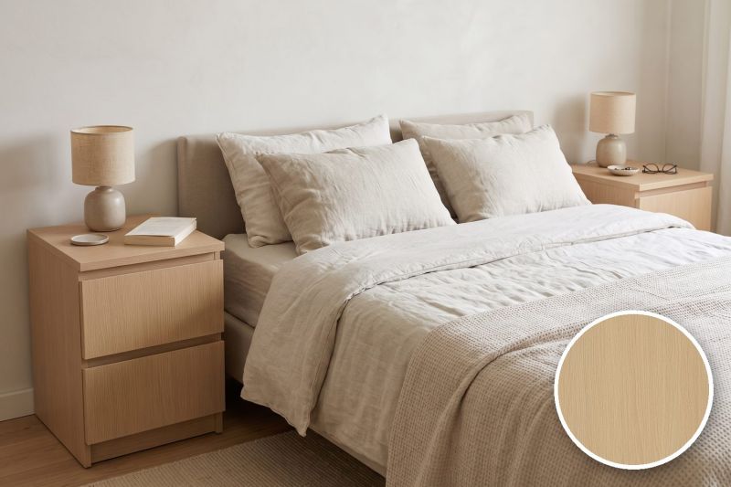 Anwendungsbeispiel mit Coverstyl Möbelfolie Beige Beech – Buche hell, rechts unten die Oberfläche im Detail