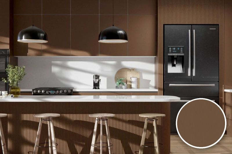 Anwendungsbeispiel mit Coverstyl Möbelfolie Soft Copper – Metall gebürstet Kupfer, fein, rechts unten die Oberfläche im Detail