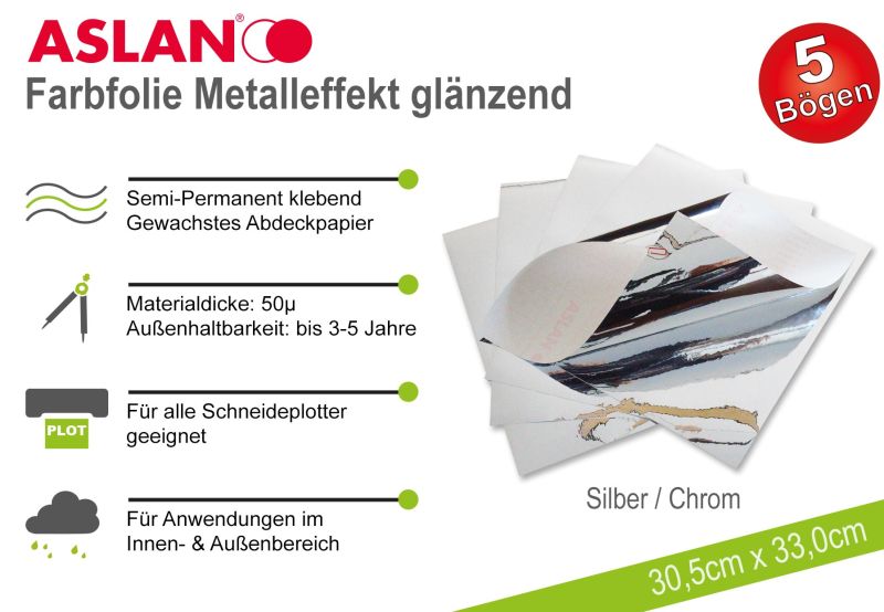 ASLAN Hobby-Plotterfolie Silber/Chrom glänzend 5er-Set