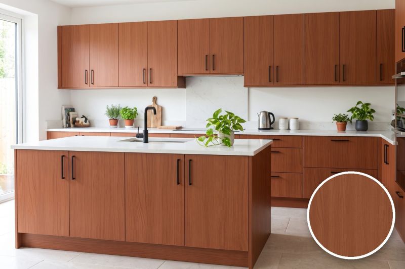 Anwendungsbeispiel mit Coverstyl Möbelfolie Aged Cherry – Kirsche mittel, rechts unten die Oberfläche im Detail