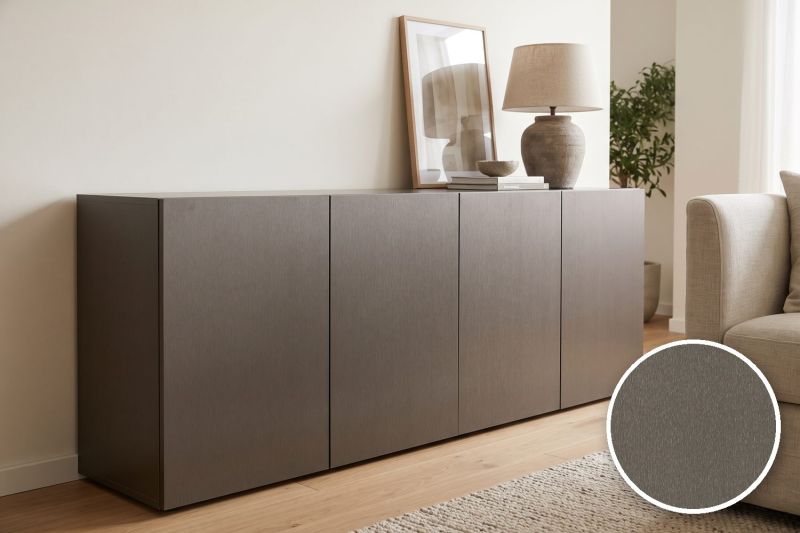 Anwendungsbeispiel mit Coverstyl Möbelfolie Hard Copper – Metall gebürstet dunkle Bronze, rechts unten die Oberfläche im Detail