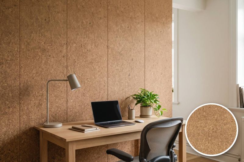 Anwendungsbeispiel mit Coverstyl Möbelfolie Large Grain – Korkoptik grob, rechts unten die Oberfläche im Detail