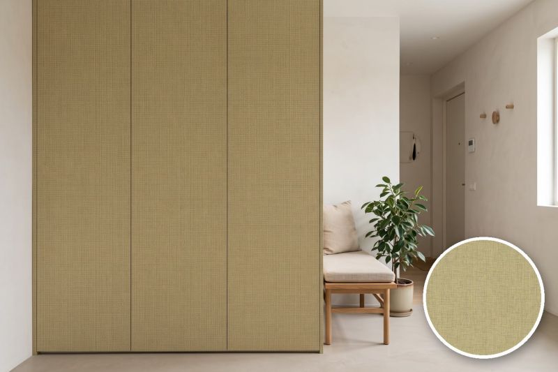 Anwendungsbeispiel mit Coverstyl Möbelfolie Fossil Craft – Raffia-Bastoptik hellbeige, rechts unten die Oberfläche im Detail
