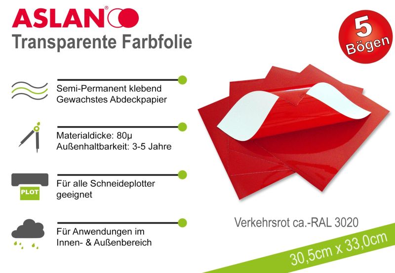 ASLAN Hobby-Plotterfolie Verkehrsrot transparent 5er-Set
