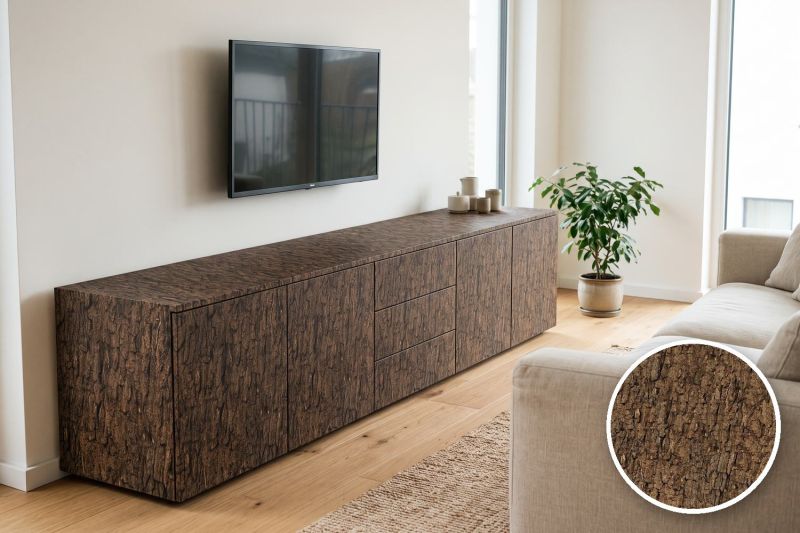 Anwendungsbeispiel mit Coverstyl Möbelfolie Bark – botanisches Dekor Rinde, rechts unten die Oberfläche im Detail