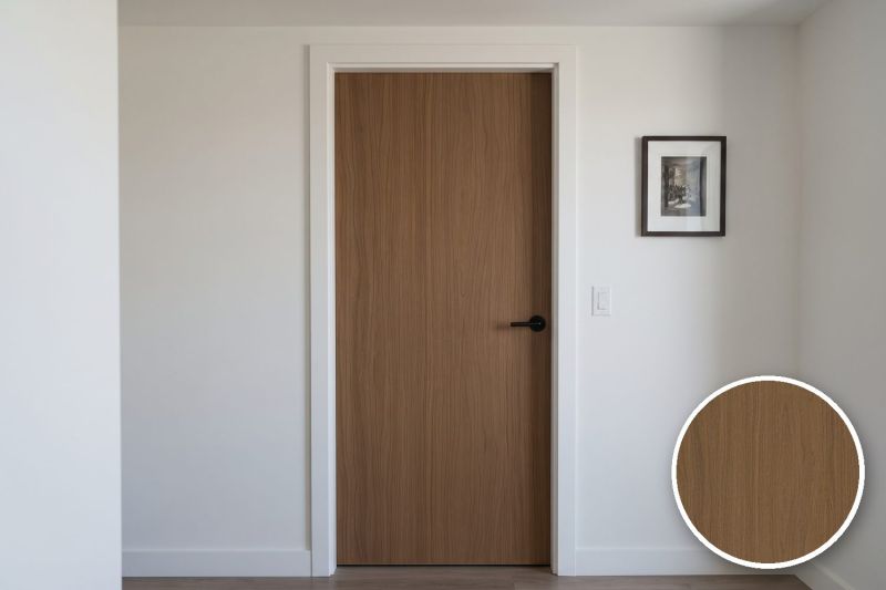 Anwendungsbeispiel mit Coverstyl Möbelfolie Brown Birch – Birke dunkel, rechts unten die Oberfläche im Detail