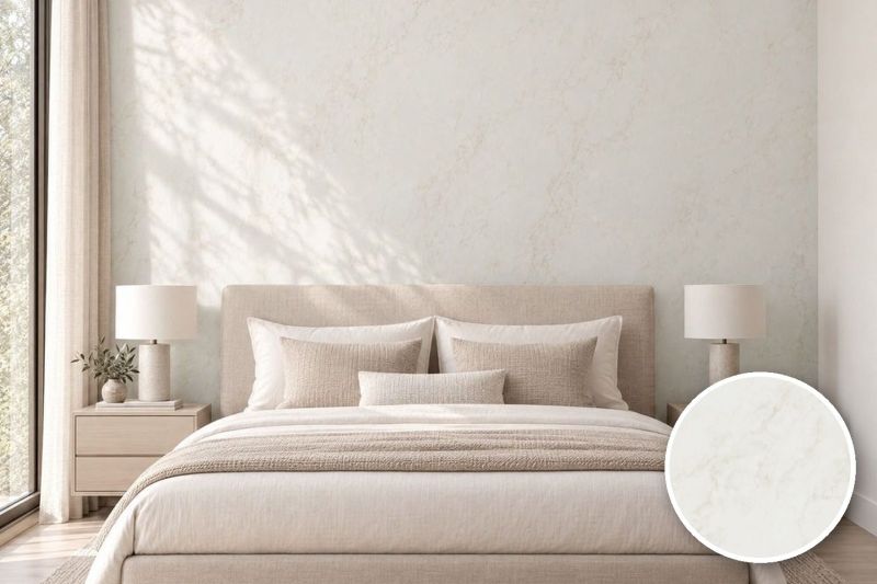 Anwendungsbeispiel mit Coverstyl Möbelfolie Bianco Nebbia – Marmor weiß, rechts unten die Oberfläche im Detail