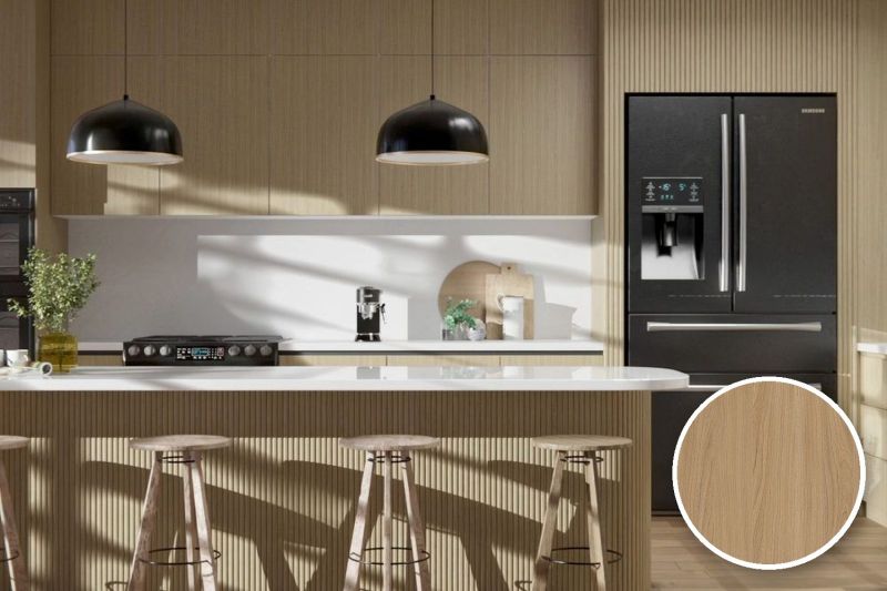Anwendungsbeispiel mit Coverstyl Möbelfolie Traditional Oak – Eiche mittel, rechts unten die Oberfläche im Detail