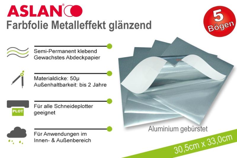 ASLAN Hobby-Plotterfolie Metalleffekt „Aluminium gebürstet“ 5er-Set