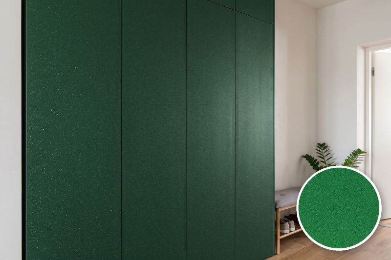 Anwendungsbeispiel mit Coverstyl Möbelfolie Green Disco – Glitzer Grün, rechts unten die Oberfläche im Detail