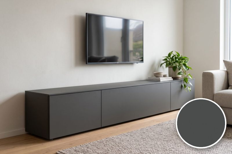 Anwendungsbeispiel mit Coverstyl Möbelfolie Anthracite – Uni mausgrau, rechts unten die Oberfläche im Detail