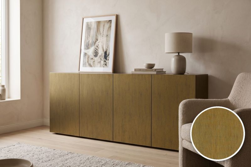 Anwendungsbeispiel mit Coverstyl Möbelfolie Old Gold – Altgold Strukturoptik, rechts unten die Oberfläche im Detail