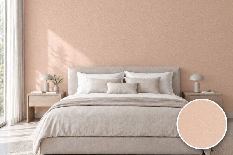 Anwendungsbeispiel mit Coverstyl Möbelfolie Blush rose – Lederoptik zartrosa, rechts unten die Oberfläche im Detail