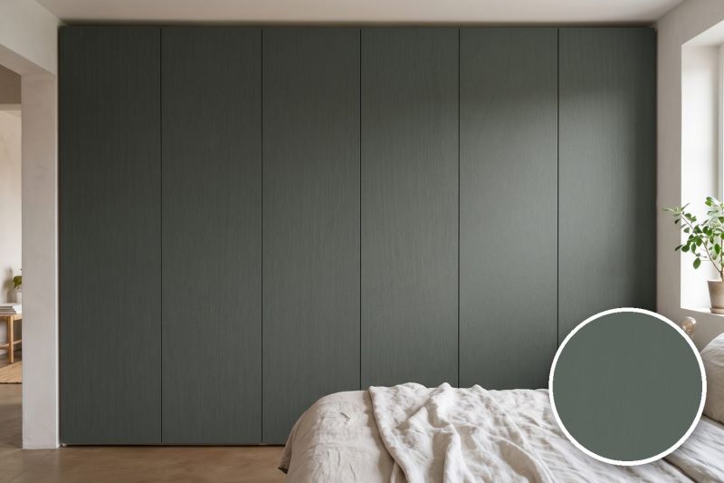 Anwendungsbeispiel mit Coverstyl Möbelfolie Crispy Charcoal – Holzoptik anthrazit, rechts unten die Oberfläche im Detail