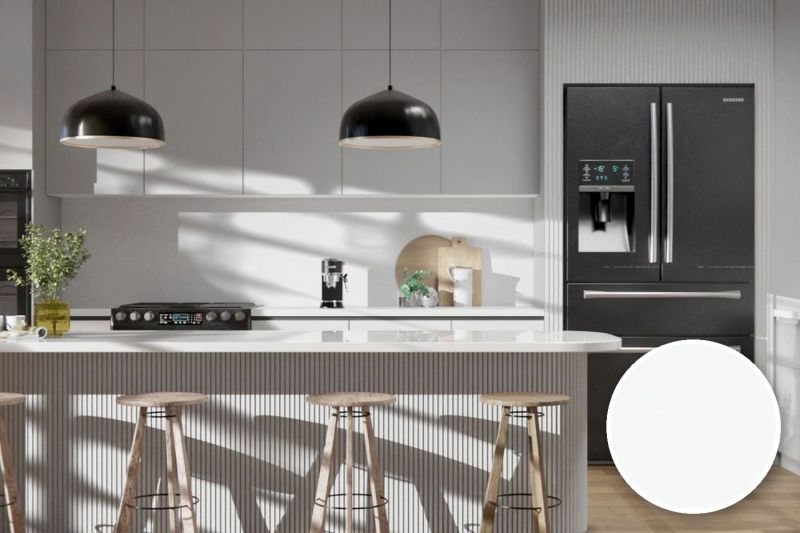 Anwendungsbeispiel mit Coverstyl Möbelfolie PVC Free - Ultra White – Uni ultraweiß, rechts unten die Oberfläche im Detail